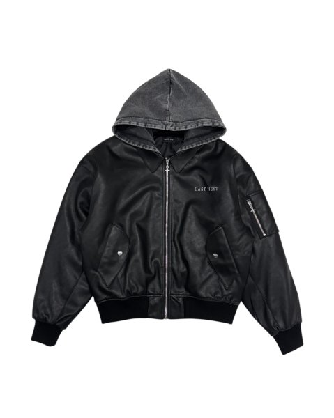 画像1: LAST NEST / hooded faux leather flight jacket  (1)