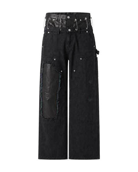 画像1: LAST NEST / saefty pin leather denim double knee (1)